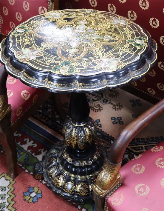 A Victorian mother of pearl inlaid papier mache tilt top table Diameter 64cm